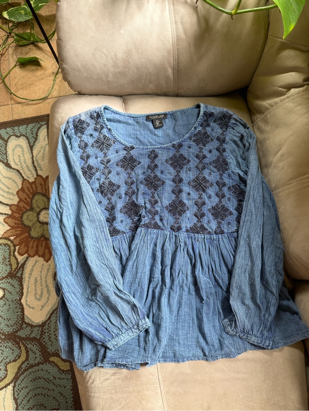 Rachel Zoe Blue Embroidered Peasant Tunic Blouse